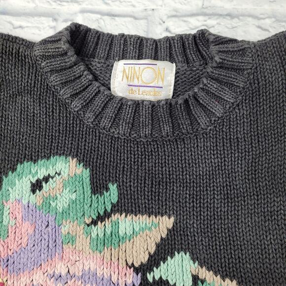 Vintage Ninon de Lenclos Floral Embroidered Harlequin Sleeve Sweater size Small - Picture 4 of 10